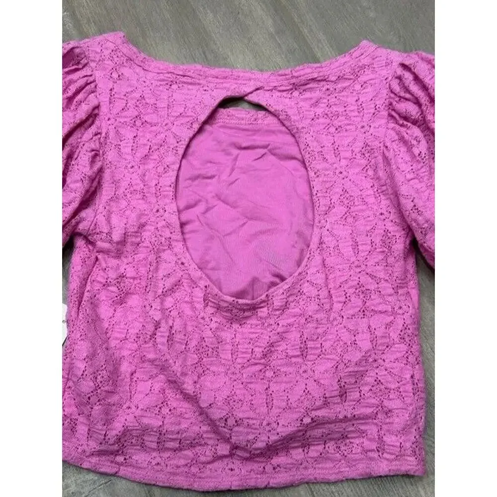 NWT Free People‎ Womens Tea Time Lace Puff Sleeve Blouse Open Back Pink Size XS
